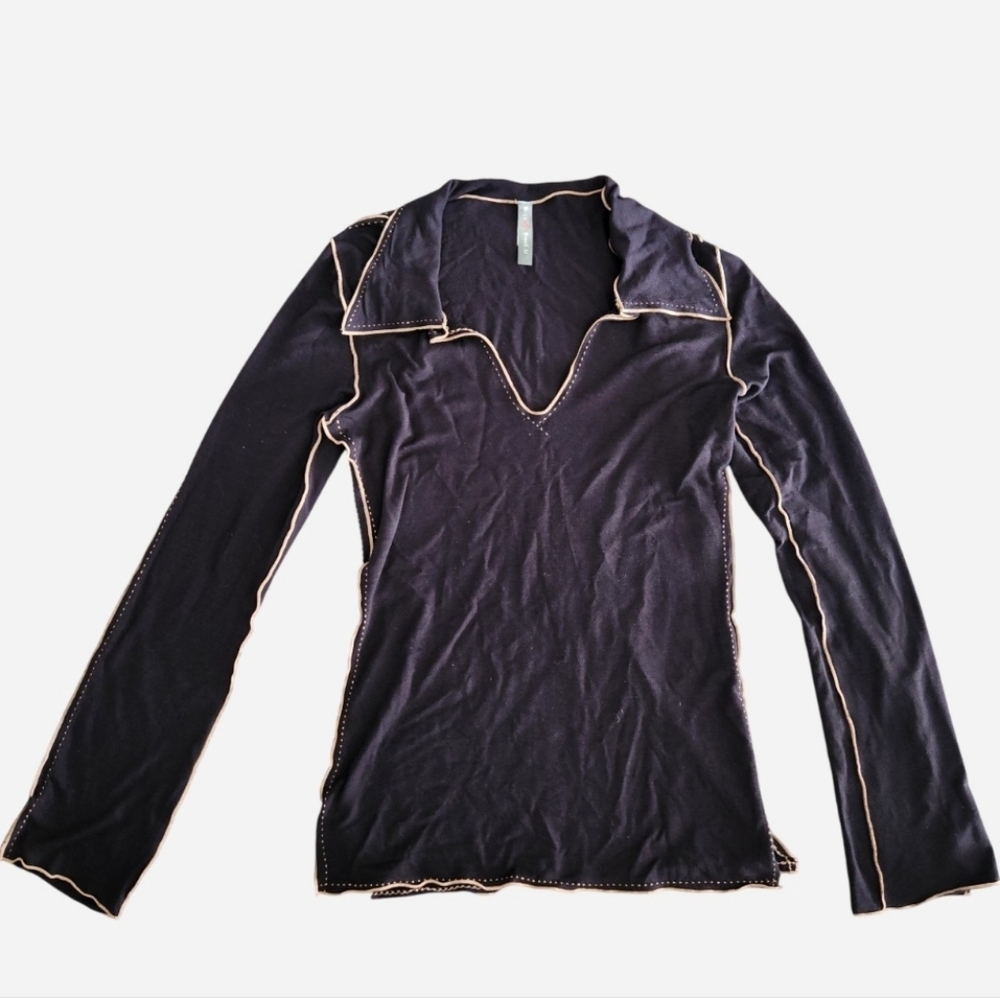 Beija Brazil Y2K Whipstitch Collared Long Sleeve Chocolate Brown Bell Sleeve Top
